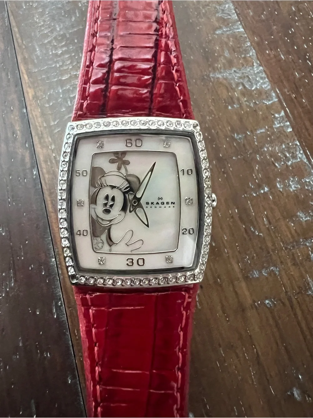 Skagen Women's Red Leather-Style Strap Watch with Crystal Bezel